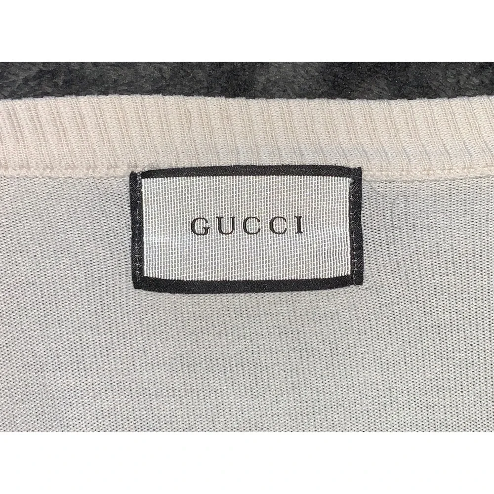 GUCCI Mens White Navy Tan Luxury Knit Cardigan‎ Sweater V Neck Pockets Size S